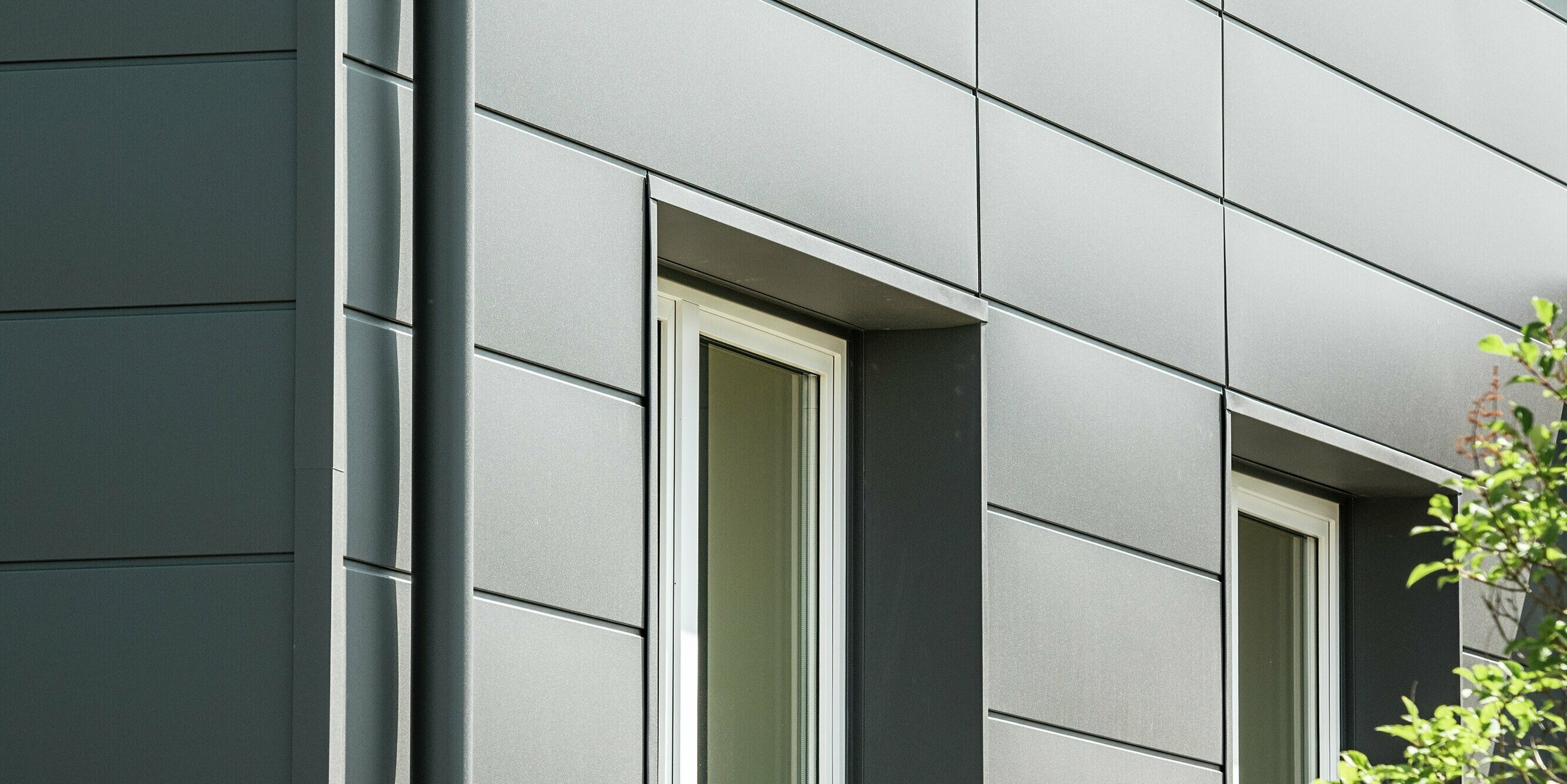Detailansicht einer PREFA Siding Fassade in P.10 Dunkelgrau. Die nahtlose Integration der Fensterrahmen und die präzise verlegten Paneele bieten eine harmonische und zugleich funktionale Fassadengestaltung. Die widerstandsfähige Oberfläche schützt das Gebäude langfristig vor Witterungseinflüssen und garantiert eine wartungsarme Nutzung. Das Bild zeigt die perfekte Verbindung von Design und Nachhaltigkeit, wobei die Fassade durch das klare, zeitgemäße Aussehen besticht.