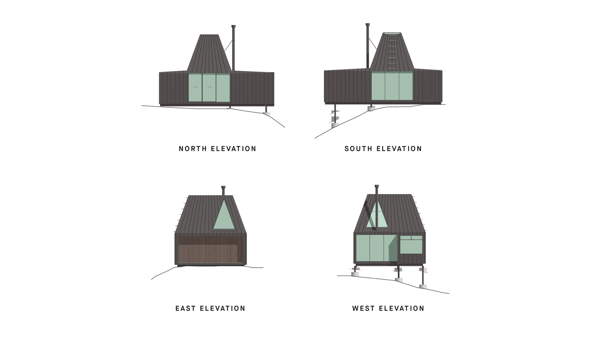 Das Biv Punakaiki Cabin vom Norden, Süden, Osten und Westen.