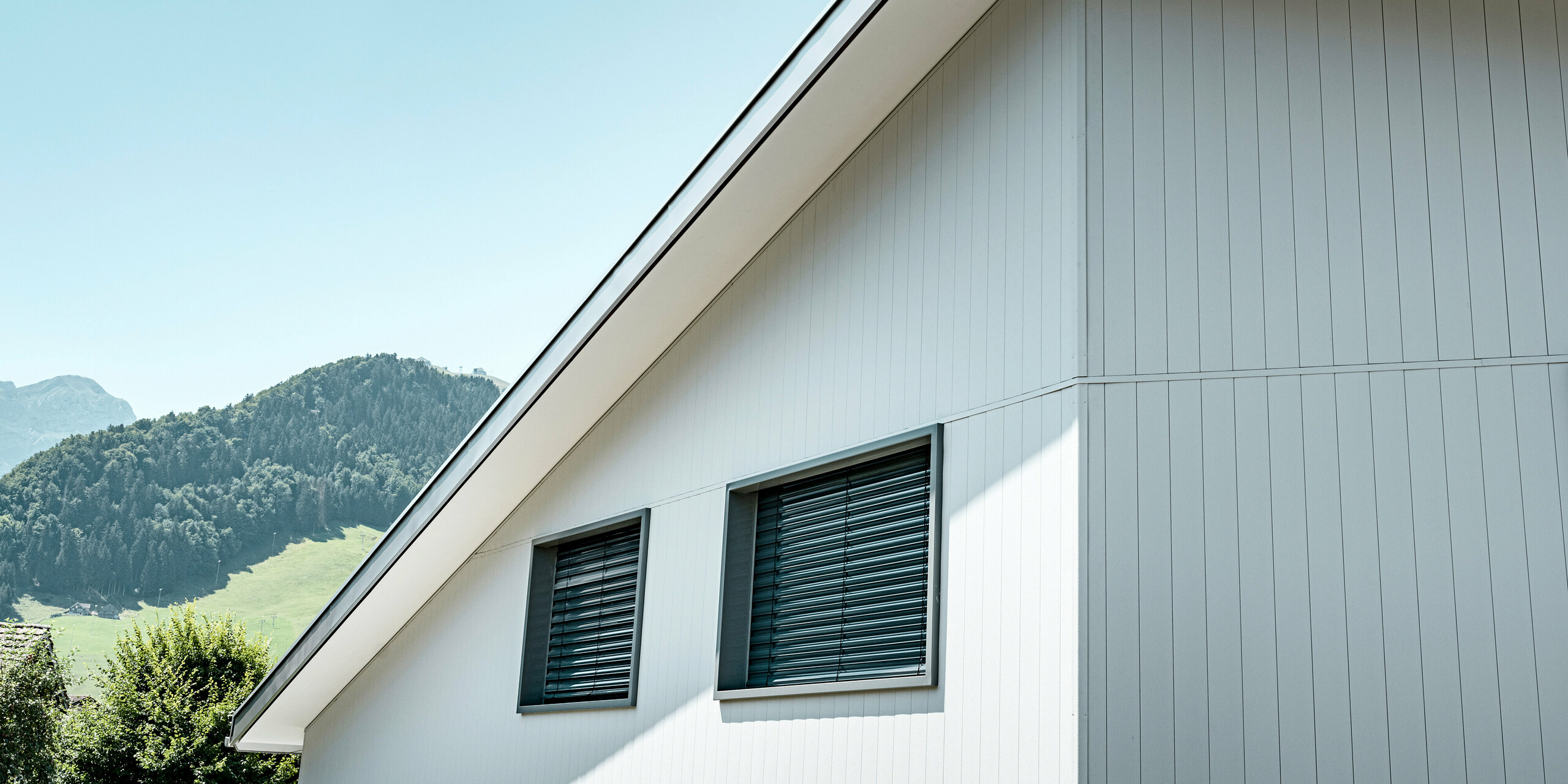 Nahaufnahme eines zeitgenössischen Mehrfamilienhauses in Weissbad, umhüllt von einer strahlenden PREFA Siding Fassade in P.10 Prefaweiß. Die vertikalen Sidings verleihen der Struktur eine elegante, lineare Ästhetik, die das schlichte Design des Hauses betont. Mit Blick auf die idyllischen Schweizer Alpen bietet das Gebäude eine perfekte Kombination aus moderner Architektur und landschaftlicher Harmonie, unterstrichen durch die nachhaltigen und langlebigen Eigenschaften von PREFA Aluminiumprodukten.