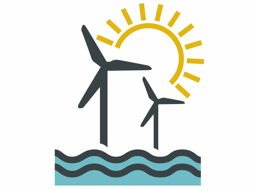Stilisiertes Bild mit Windrädern, Sonne und Wasser zur Darstellung von Ökostrom