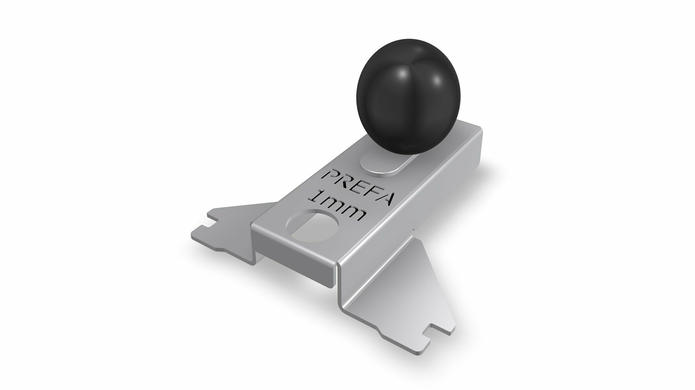 Das Bild zeigt eine Montagehilfe für einen Sturmsicherungsclip von PREFA, spezifiziert mit einer Dicke von 1 mm. Diese Hilfsmittel sind Teil des Befestigungssystems von PREFA für das Fassadenpaneel Siding.X. Am Produkt ist die Marke „PREFA“ sowie die angegebene Dicke eingraviert.