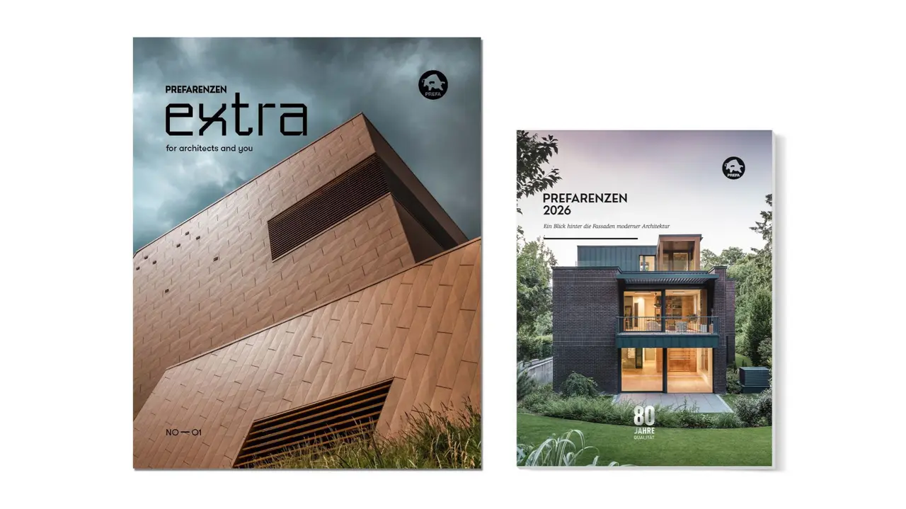 Zwei PREFARENZEN-Bücher nebeneinander: links das Cover „extra“ mit moderner Aluminiumfassade, rechts das Cover „PREFARENZEN 2026“ mit zeitgenössischem Wohnhaus im Grünen.