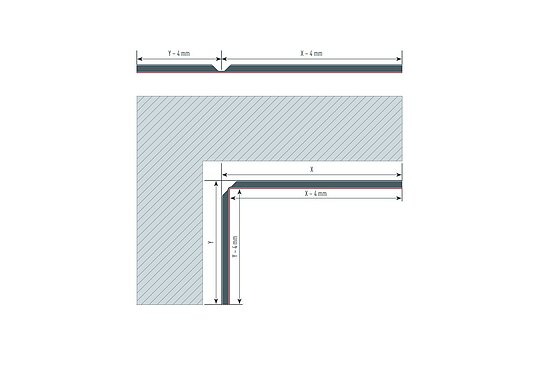 Skizze einer Ecke in der Fassade und den entsprechenden Plattenmaßen zur Berechnung Maßes der Innenecke.