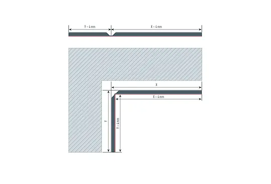 Skizze einer Ecke in der Fassade und den entsprechenden Plattenmaßen zur Berechnung Maßes der Innenecke.