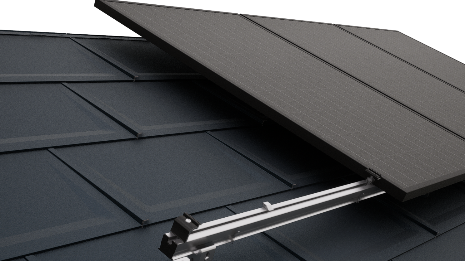 Nahaufnahme eines PREFA Daches mit PV-Modulen, welches mit dem PREVARIO Solarmontagesystem befestigt wurde.