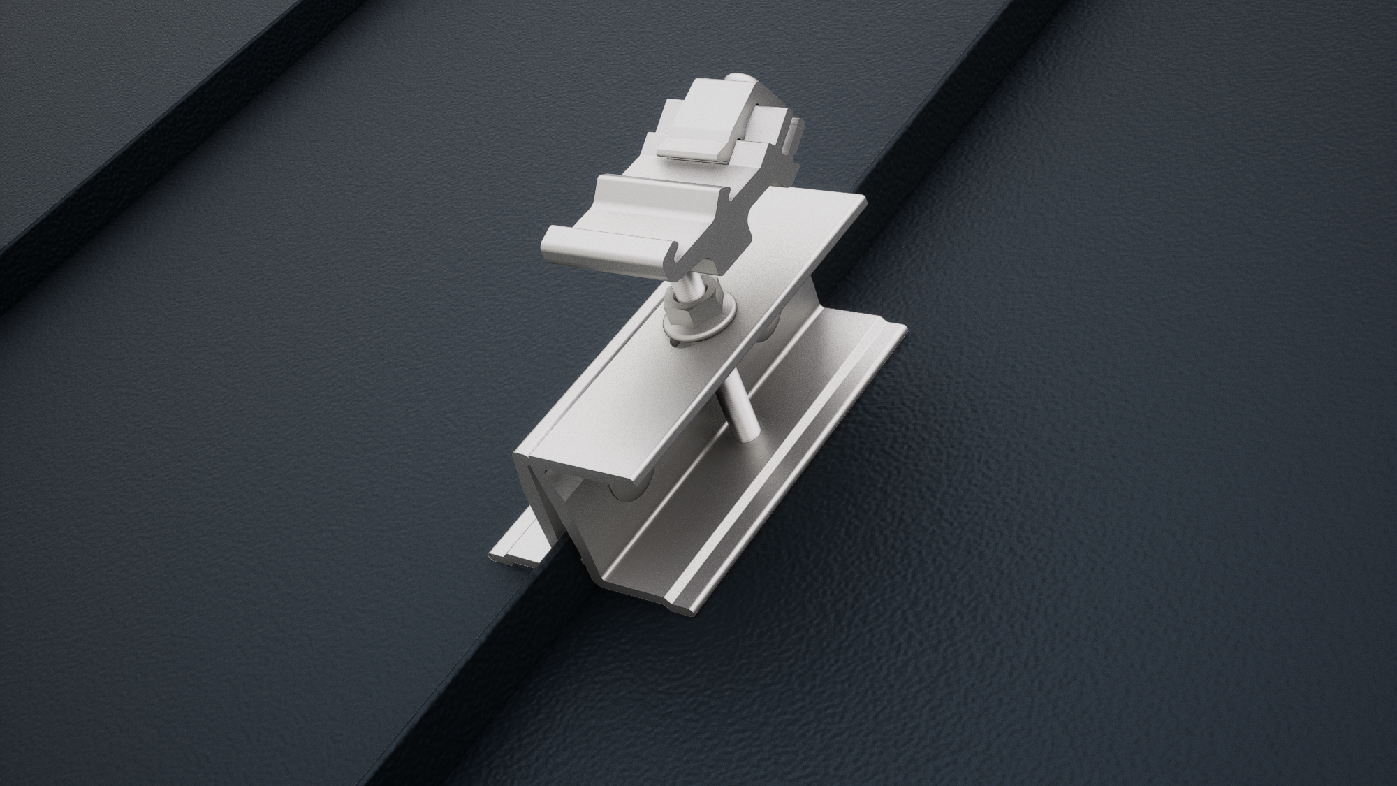 Rendering des Solarmontagesystems PREVARIO PREFALZ auf einer Stehfalzdeckung aus schwarzem PREFALZ. Das Solarmontagesystem ist die perfekte Basis für Photovoltaik-Aufdachlösungen auf PREFALZ Dächern aus Aluminium.