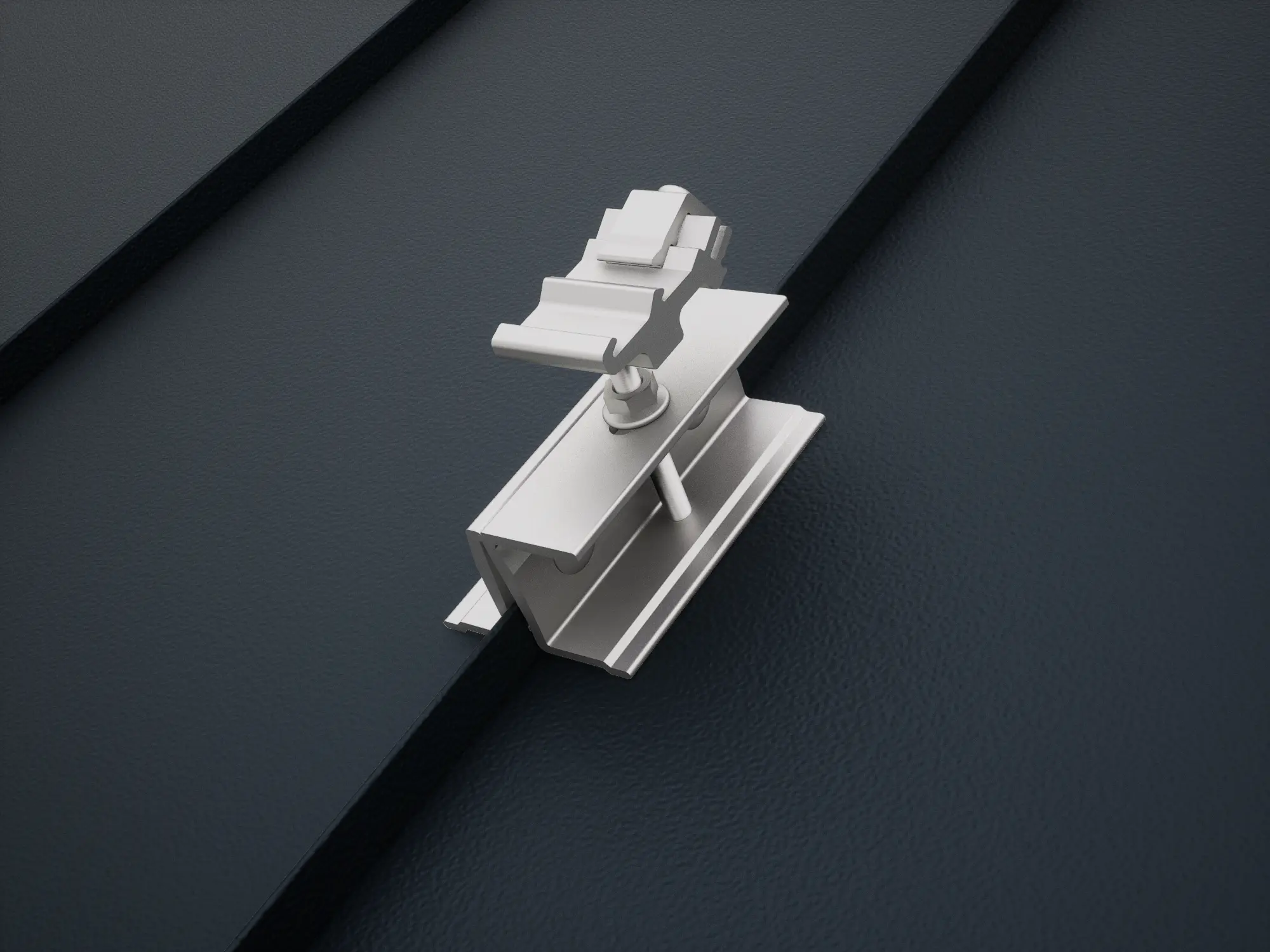 Rendering des Solarmontagesystems PREVARIO PREFALZ auf einer Stehfalzdeckung aus schwarzem PREFALZ. Das Solarmontagesystem ist die perfekte Basis für Photovoltaik-Aufdachlösungen auf PREFALZ Dächern aus Aluminium.