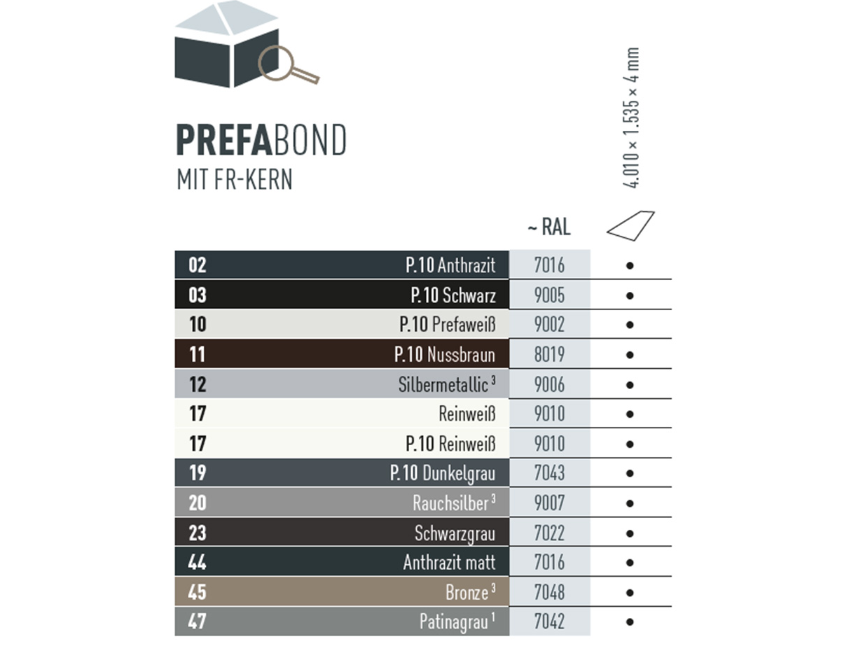 Farbtabelle, die zeigt in welchen Farben es die PREFABOND Aluminium Verbundplatte gibt. Die PREFABOND Aluminium Verbundplatte gibt es in verschiedenen P.10 und Standardfarben.