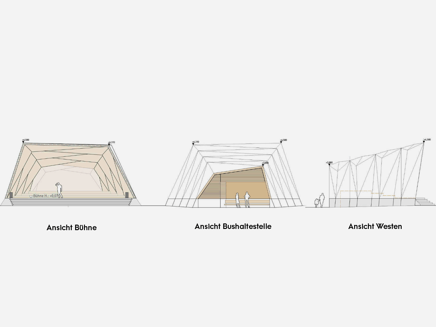 3 Skizzen des Musikpavillons Kirchdorf in 3 verschiedenen Ansichten.