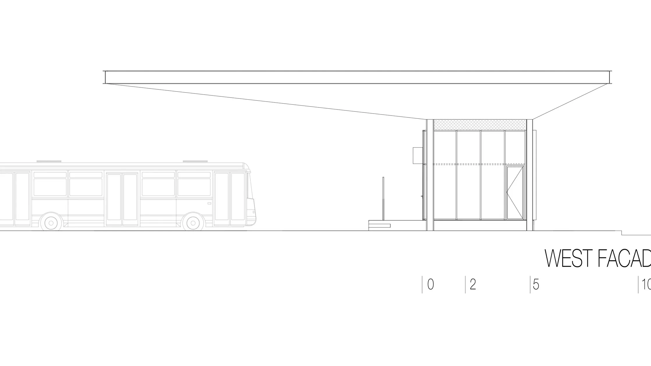 Die Zeichnung zeigt die Westansicht der Bushaltestelle "Autobusni Kolodvor Slavonski Brod" in Kroatien. Die Darstellung betont das lange, horizontale weiße Prefalz-Dach von PREFA, das über den darunterliegenden Bereich hinausragt. Rechts in der Zeichnung ist ein rechteckiger Baukörper mit großen Glasflächen und klaren Linien zu sehen. Links befindet sich ein Bus, der die Proportionen der Haltestelle im Verhältnis zu einem Fahrzeug verdeutlicht. Die Westansicht betont die moderne und funktionale Architektur der Haltestelle, die durch die Kombination von Glas und Aluminium eine helle und einladende Atmosphäre schafft.