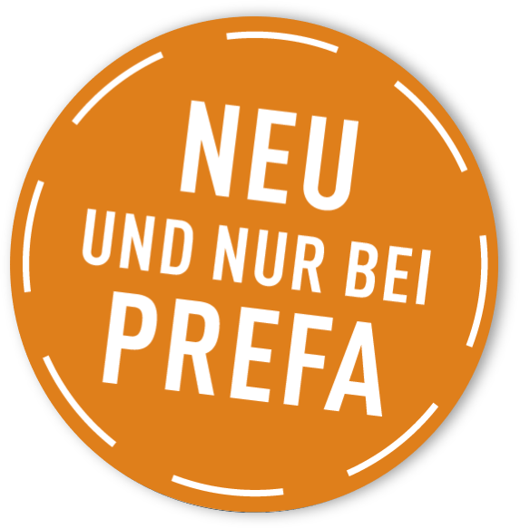 Zu sehen ist eine runde, orange Form, in der "Neu und nur bei PREFA" steht, zu sehen. Diese soll Aufmerksamkeit auf die PREFA Spengler-PLUS Lehrlingsausbildung ab 2024 erregen.