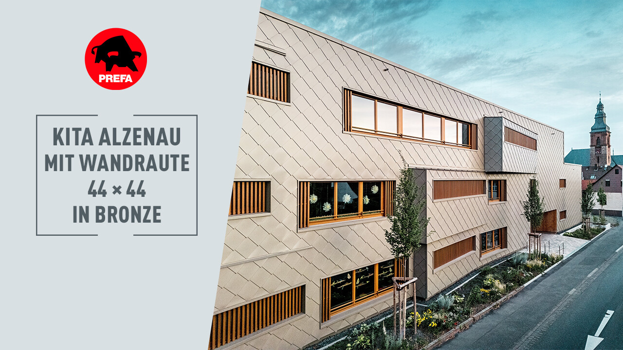 Thumbnail zu kurzem Video zur Kita in Alzenau, man erkennt eine Vorschau vom Video über den Kindergarten mit PREFA Wandraute 44 × 44 in Bronze.