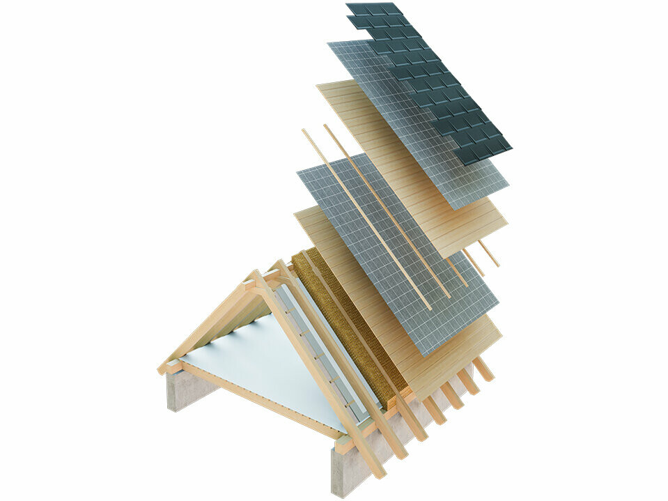 Technické znázornenie strešnej konštrukcie studenej strechy, viacvrstvová strešná konštrukcia s latovaním, plné debnenie, deliaca vrstva, krov; podkrovie možno využiť ako obytný priestor; dvojvrstvová strešná konštrukcia, vetraná strešná konštrukcia; kontralaty