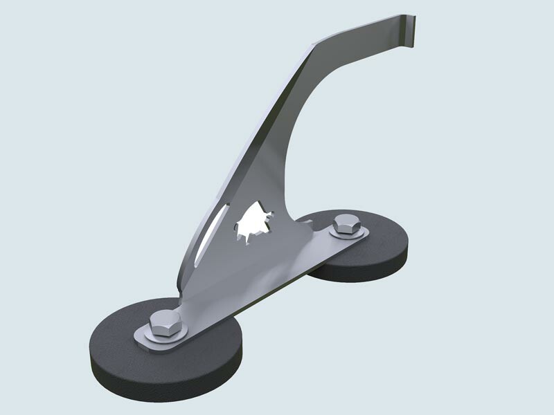Der PREFA Sicherheitsdachhaken auf Fußteilen eignet sich ideal für alle kleinformatigen PREFA Produkte und kann durch die Fußteile flexibel und schnell montiert werden.