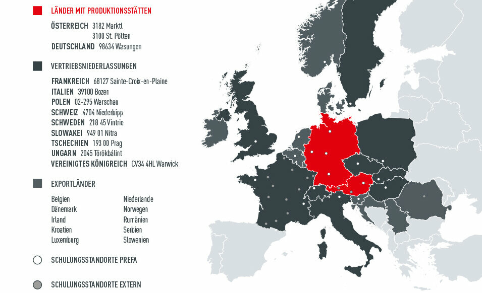 Legende: Die Europakarte zeigt die PREFA Produktionsstätten, Ländern, Vertriebsniederlassungen und Schulungszentren