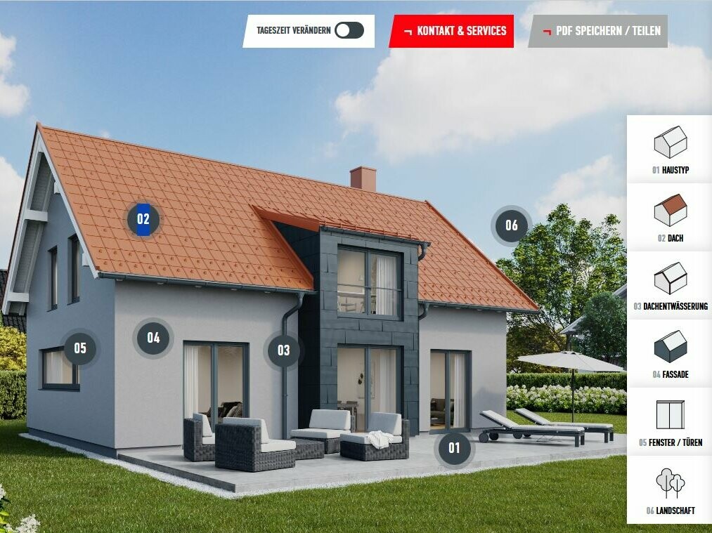 Fassadenkonfigurator zur Fassadensanierung: Interaktive Hausansicht mit auswählbaren Fassaden-, Dach- und Fensteroptionen zur individuellen Gestaltung und Planung der neuen Fassade.