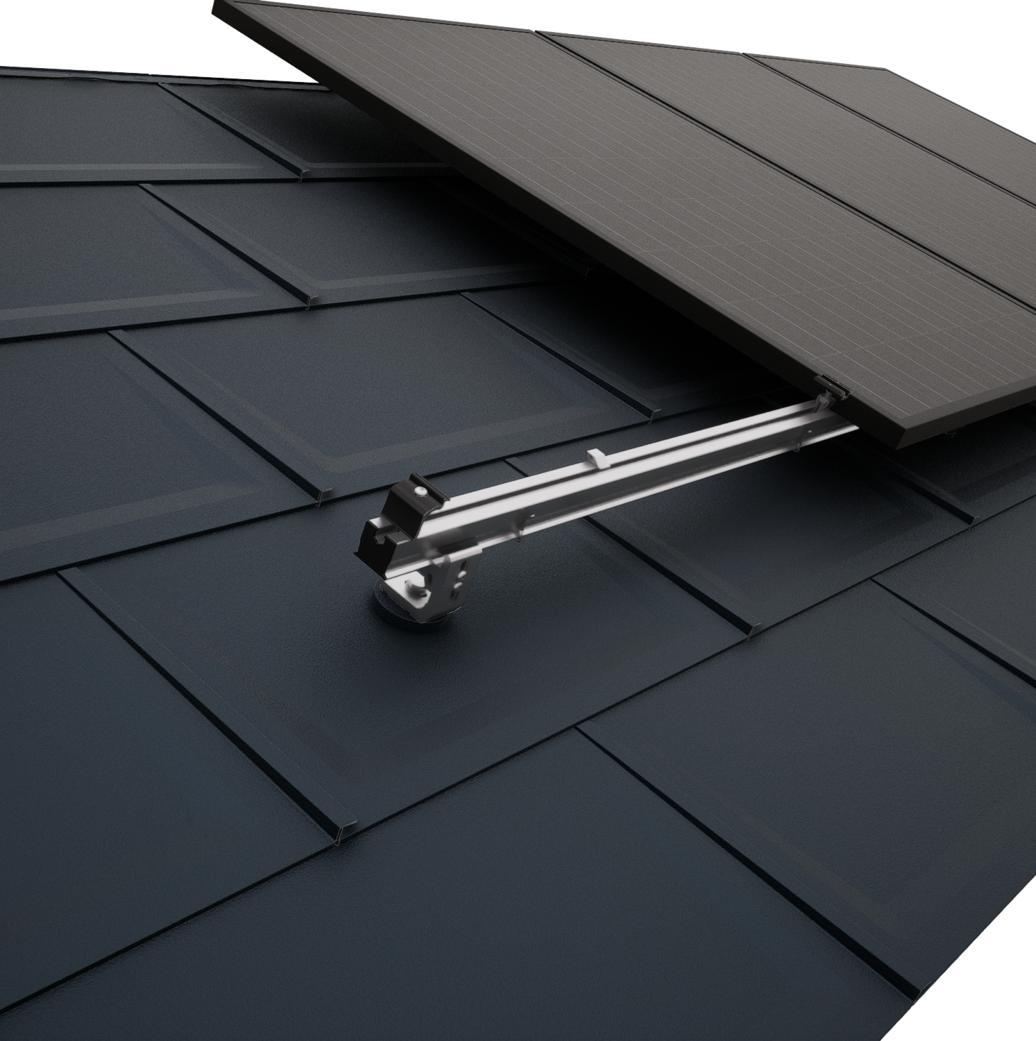 Nahaufnahme eines PREFA Daches mit PV-Modulen, welches mit dem PREVARIO Solarmontagesystem befestigt wurde.