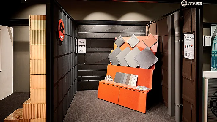 PREFA Showroom im WIMBERGER Kompetenzzentrum. Gezeigt werden Highlights des PREFA Komplettsystems und der PREFA Solarinnovationen