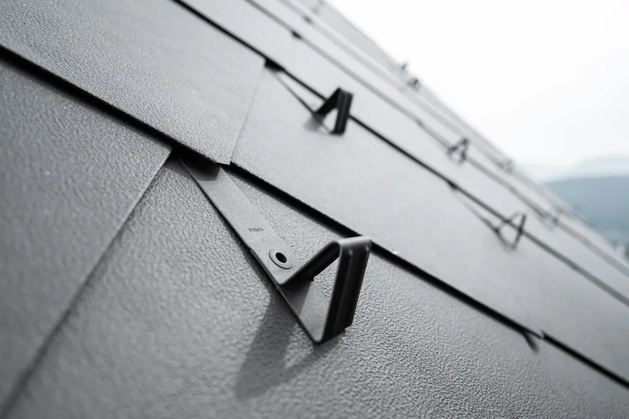 Detailaufnahme eines Aluminiumdaches aus PREFA Dachraut 44x44 in der Farbe P.10 Braun, ausgestattet mit einem funktionalen Schneeschutzsystem. Das Bild zeigt die strukturierte Oberfläche der Rauten sowie die präzise Befestigung der Schneeschutzhalterungen, die nahtlos in das Dachdesign integriert sind und für zusätzliche Sicherheit während der Wintermonate sorgen. Die robusten Schneestopper sind gleichmäßig angeordnet und sorgen dadurch für ein harmonisches Gesamtbild.