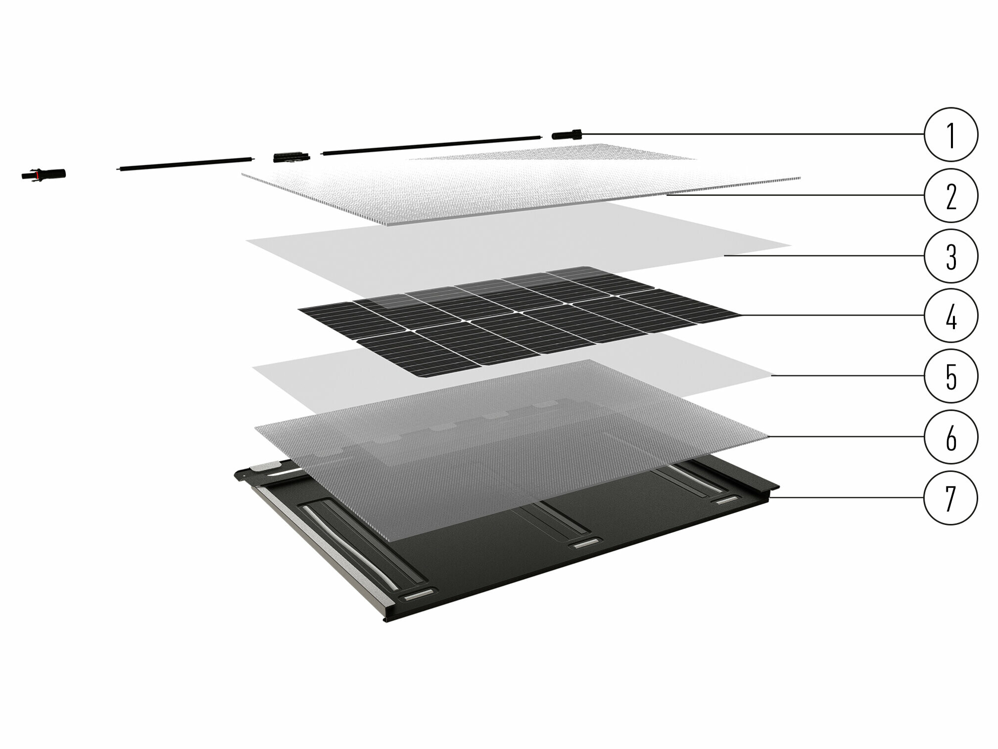 Schichtweiser Aufbau der PREFA Solardachplatte mit PV-Stecker, Solarglas prismiert, Einkapselungsmaterial, Photovoltaikzelle, Einkapselungsmaterial, Rückseitenfolie und der Alu- Dachplatte
