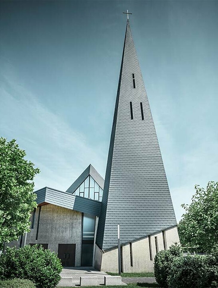 Glockenturm der Kirche Langenau als spitzer Turm mit anthrazitfarbenen Dachschindeln von PREFA eingedeckt.