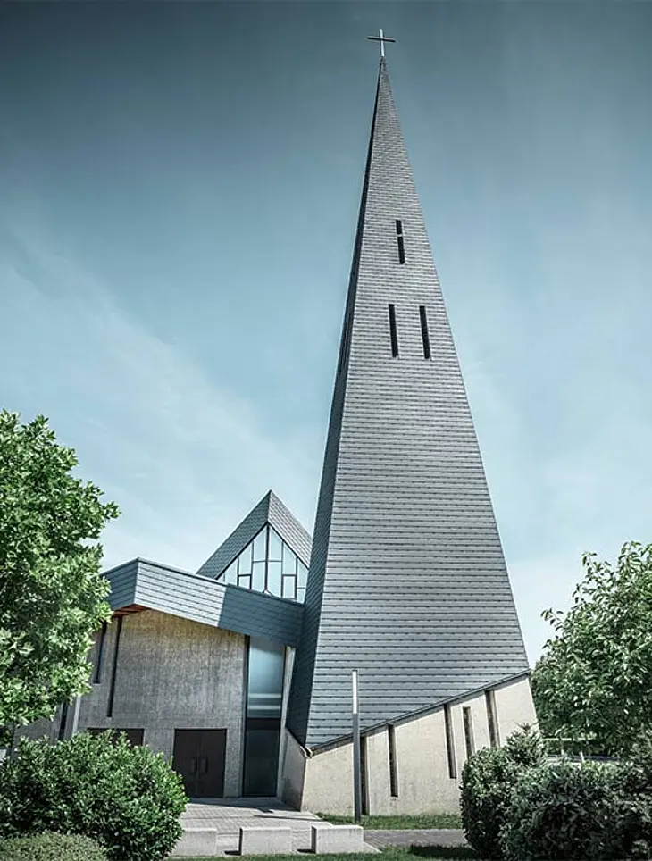 Glockenturm der Kirche Langenau als spitzer Turm mit anthrazitfarbenen Dachschindeln von PREFA eingedeckt.
