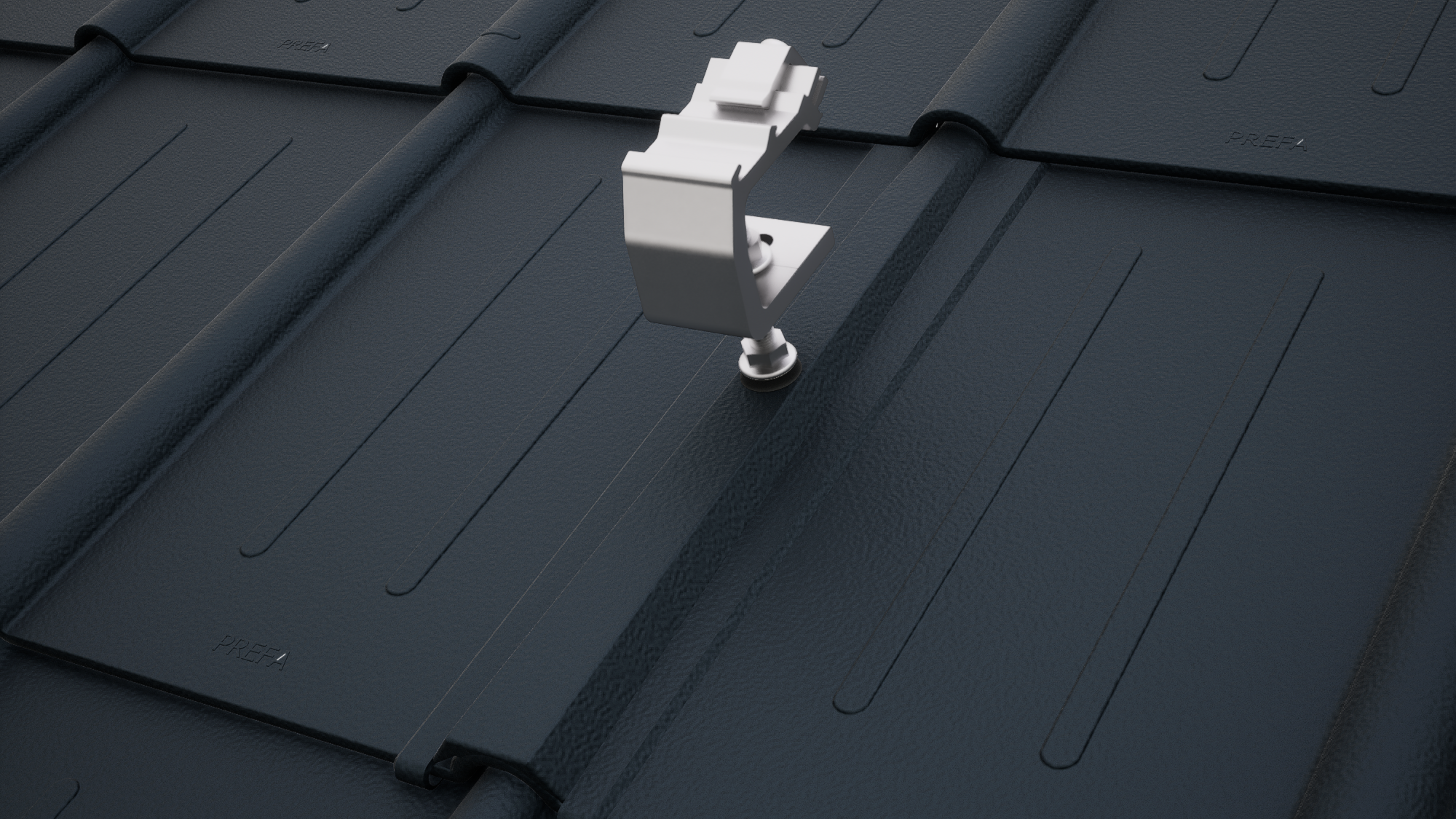 Rendering des Solarmontagesystems PREVARIO Sunny Spezial auf schwarzen PREFA Dachplatten. Das Solarmontagesystem ist die perfekte Basis für Photovoltaik-Aufdachlösungen auf PREFA Aluminiumdächern.