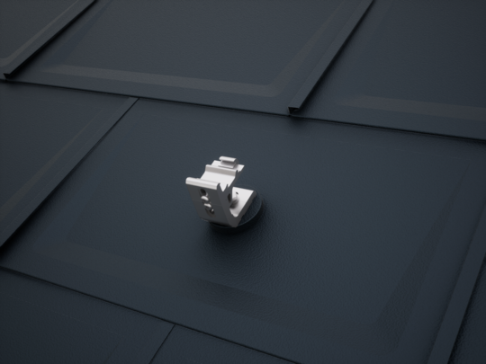 Rendering des Solarmontagesystems PREVARIO 3.S, montiert auf schwarzen PREFA Dachplatten R.16. Das System ist die perfekte Basis für Photovoltaikanlagen auf PREFA Aluminiumdächern.