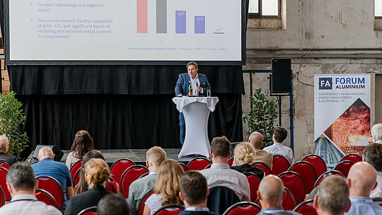 Konferenzszene beim Forum Aluminium im industriellen Ambiente: Im Mittelpunkt steht eine Bühne mit großformatiger Präsentationsleinwand, die Diagramme zu CO₂-Reduktion, Recycling und Markttrends zeigt. Ein Vortragender am Stehtisch erläutert die Inhalte vor einem aufmerksam sitzenden Fachpublikum auf roten Stühlen. Rechts zieht ein „FA Forum Aluminium“-Banner mit Fokus auf Innovation, Energie und Nachhaltigkeit die Blicke auf sich. Die Kombination aus historischer Industriearchitektur und moderner Präsentation unterstreicht die Dynamik und Zukunftsorientierung der Veranstaltung.