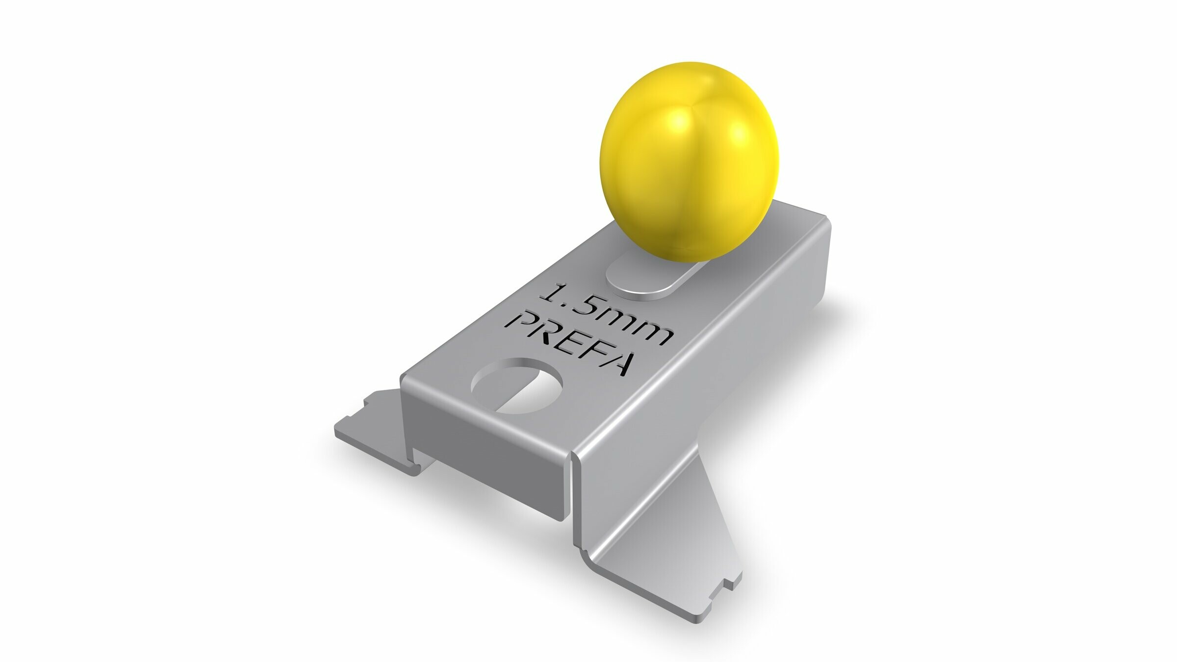 Das Bild zeigt eine Montagehilfe für Sturmsicherungsclips von PREFA. Das Produkt hat eine Dicke von 1,5 mm, wie deutlich auf der Oberfläche eingraviert ist. Die Montagehilfe ist mit einer auffälligen gelben Kugel ausgestattet. Das Werkzeug selbst ist in einem schlichten metallischen Farbton gehalten und besteht aus Aluminium, was auf die Spezialisierung der PREFA Aluminiumprodukte GmbH hinweist.