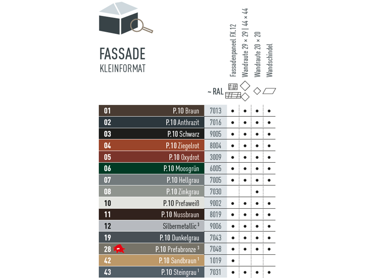 Farbtabelle, die zeigt in welchen Farben es Fassadenprodukte im Kleinformat gibt. Fassadenprodukte gibt es in verschiedenen P.10 und Standardfarben.