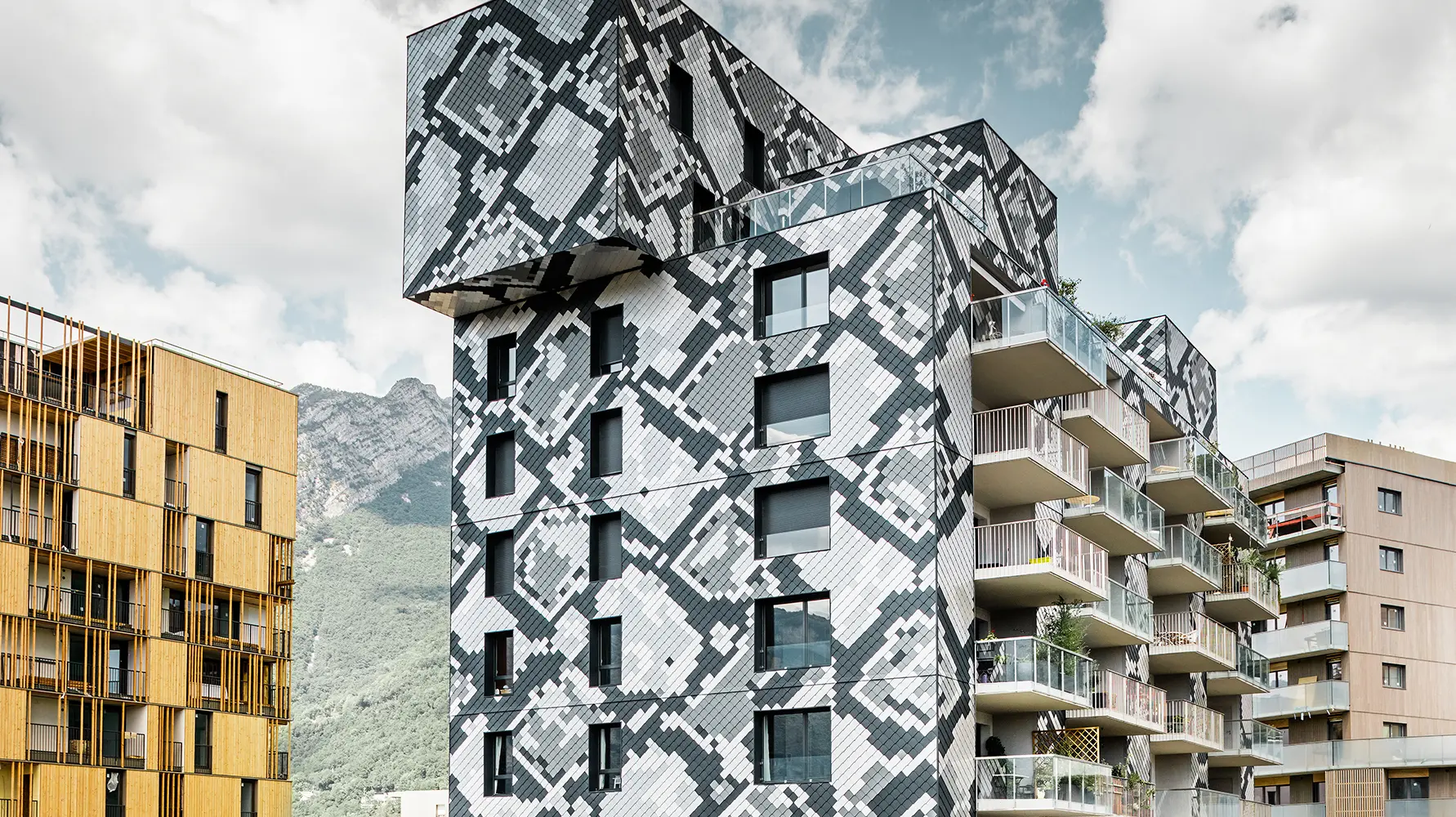 Die Fassade dieses Mehrfamilienhauses in Grenoble erinnert mit ihren verschiedenfarbigen Schuppen an eine Schlange.