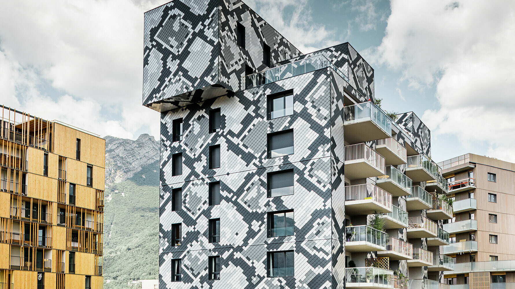 Die Fassade dieses Mehrfamilienhauses in Grenoble erinnert mit ihren verschiedenfarbigen Schuppen an eine Schlange.