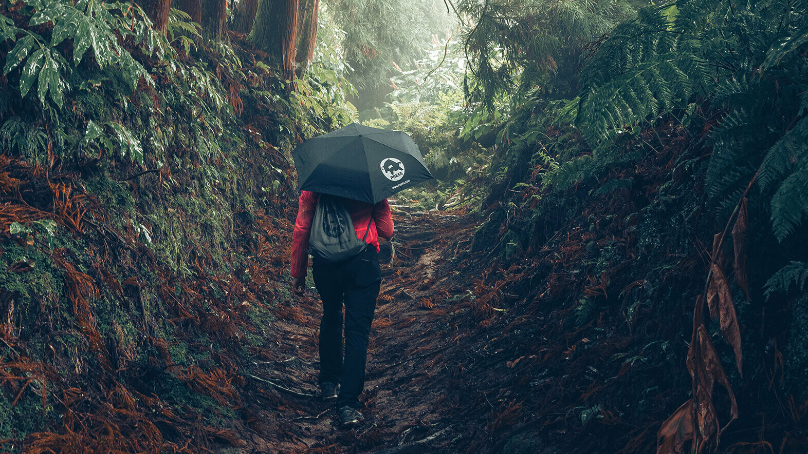 Aufnahme im Wald mit Wanderin in roter Jacke mit PREFA Regenschirm und Turnbeutel, symbolisiert den PREFA Umweltschutz und Nachhaltigkeit, sowie die Kreislaufwirtschaft und Recycling