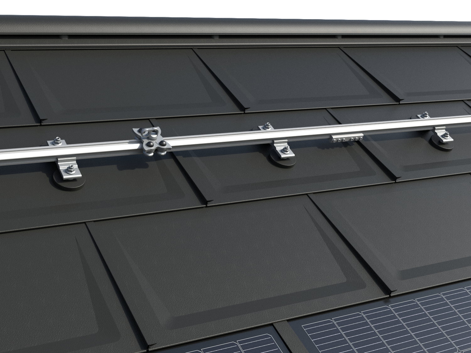 Das Bild zeigt das TAURUS Schienensystem von INNOTECH® auf einem PREFA Dach mit der bewährten Dachplatte R.16. Die Installation umfasst horizontale Führungsschienen und speziell entwickelte Gleiter, die eine sichere Dachbegehung und Wartung von Photovoltaikanlagen ermöglichen. Das System ist für alle PREFA Kleinformate geeignet und bietet eine zuverlässige Lösung für die Montage und Instandhaltung von PV-Anlagen. Von PREFA in Zusammenarbeit mit den Arbeitsschutz-Experten von INNOTECH® entwickelt, ist das Sicherungssystem nach EN 795 Typ A und D zertifiziert und für die Sicherung von zwei Personen ausgelegt. Am unteren Bildrand sind die innovativen PREFA Solardachplatten zu erkennen.