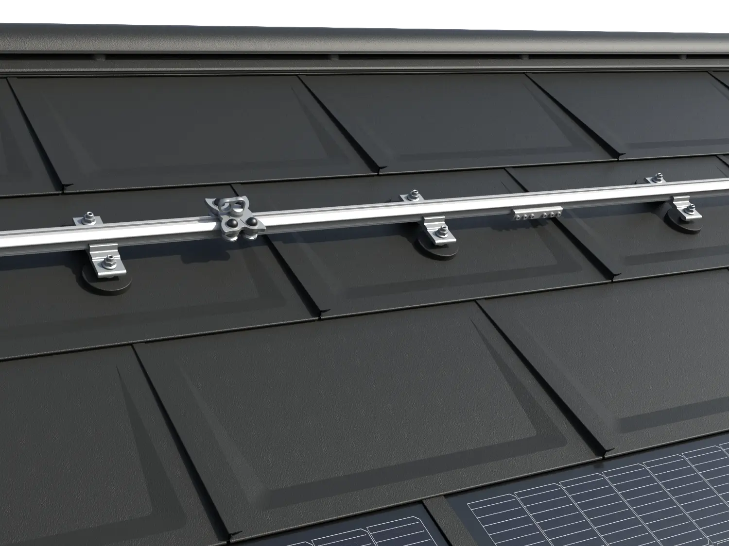 Das Bild zeigt das TAURUS Schienensystem von INNOTECH® auf einem PREFA Dach mit der bewährten Dachplatte R.16. Die Installation umfasst horizontale Führungsschienen und speziell entwickelte Gleiter, die eine sichere Dachbegehung und Wartung von Photovoltaikanlagen ermöglichen. Das System ist für alle PREFA Kleinformate geeignet und bietet eine zuverlässige Lösung für die Montage und Instandhaltung von PV-Anlagen. Von PREFA in Zusammenarbeit mit den Arbeitsschutz-Experten von INNOTECH® entwickelt, ist das Sicherungssystem nach EN 795 Typ A und D zertifiziert und für die Sicherung von zwei Personen ausgelegt. Am unteren Bildrand sind die innovativen PREFA Solardachplatten zu erkennen.