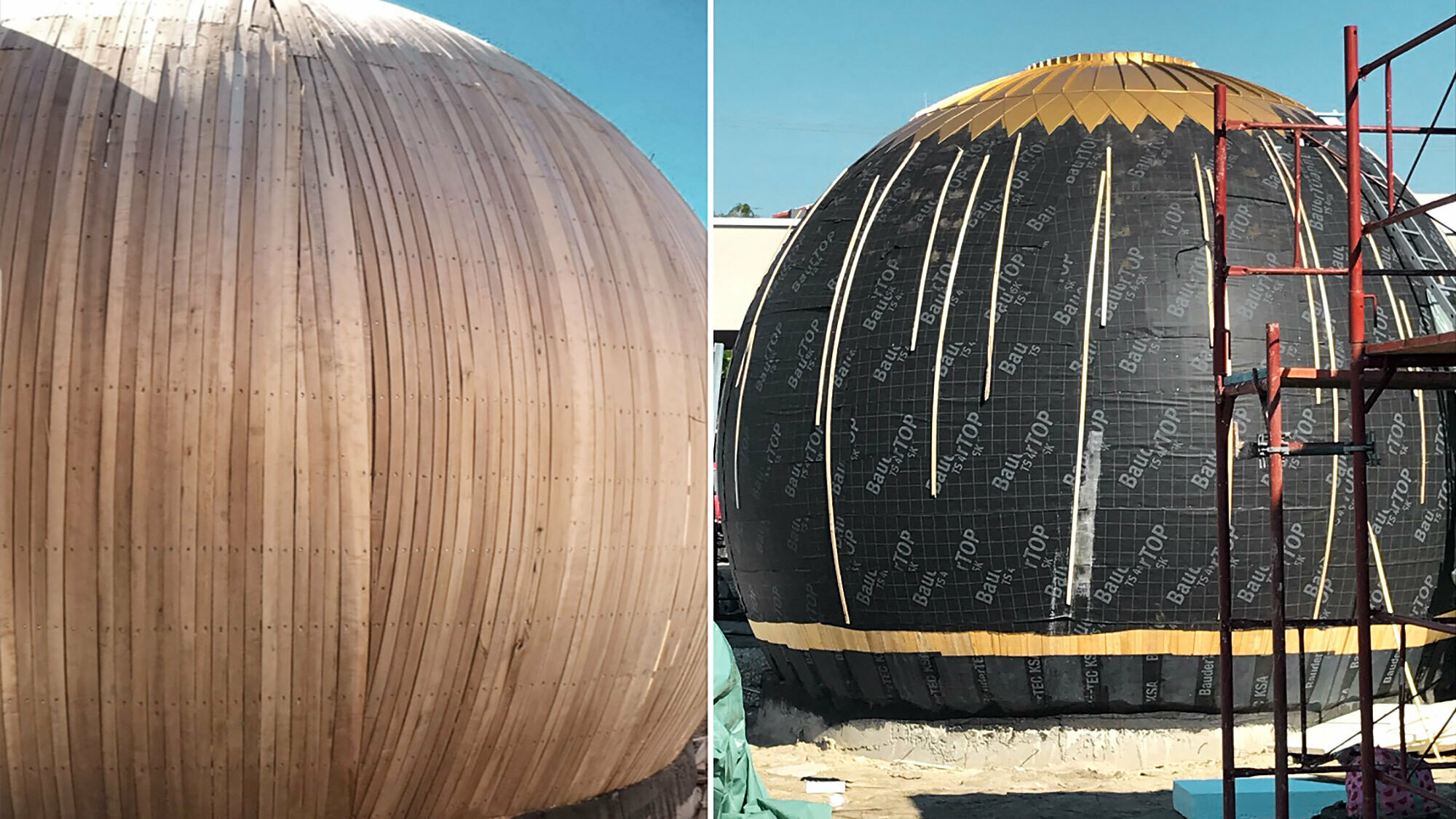 Zwei Baustellenfotos: im linken ist das gebogene Pappelholz zu sehen, im rechten ein Teil der entstehenden Aluminiumhülle.