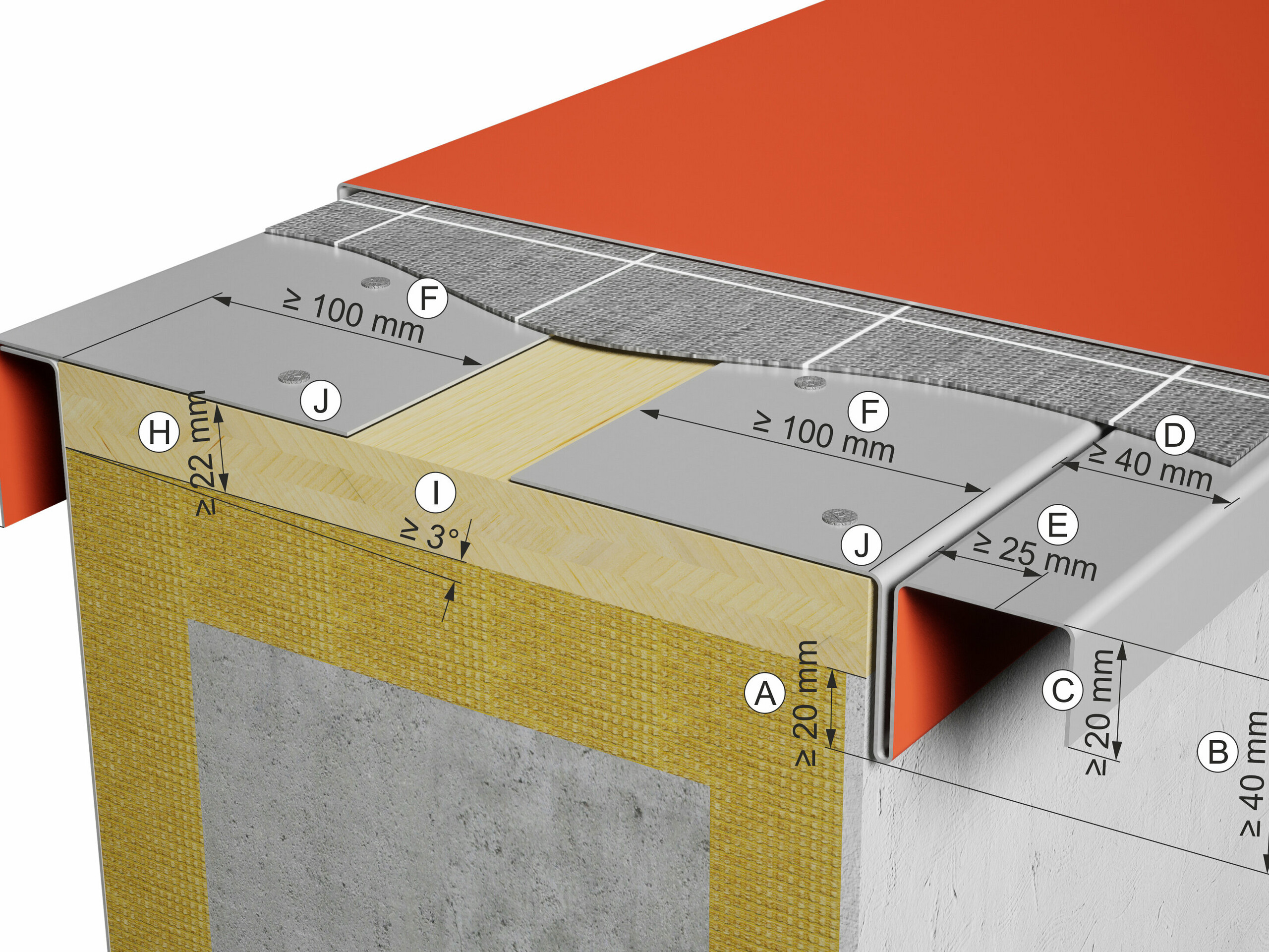 Detailzeichnung einer PREFA Attikaabdeckung aus Aluminium mit Maßangaben zu Gefälle, Tropfnase und Haltestreifen