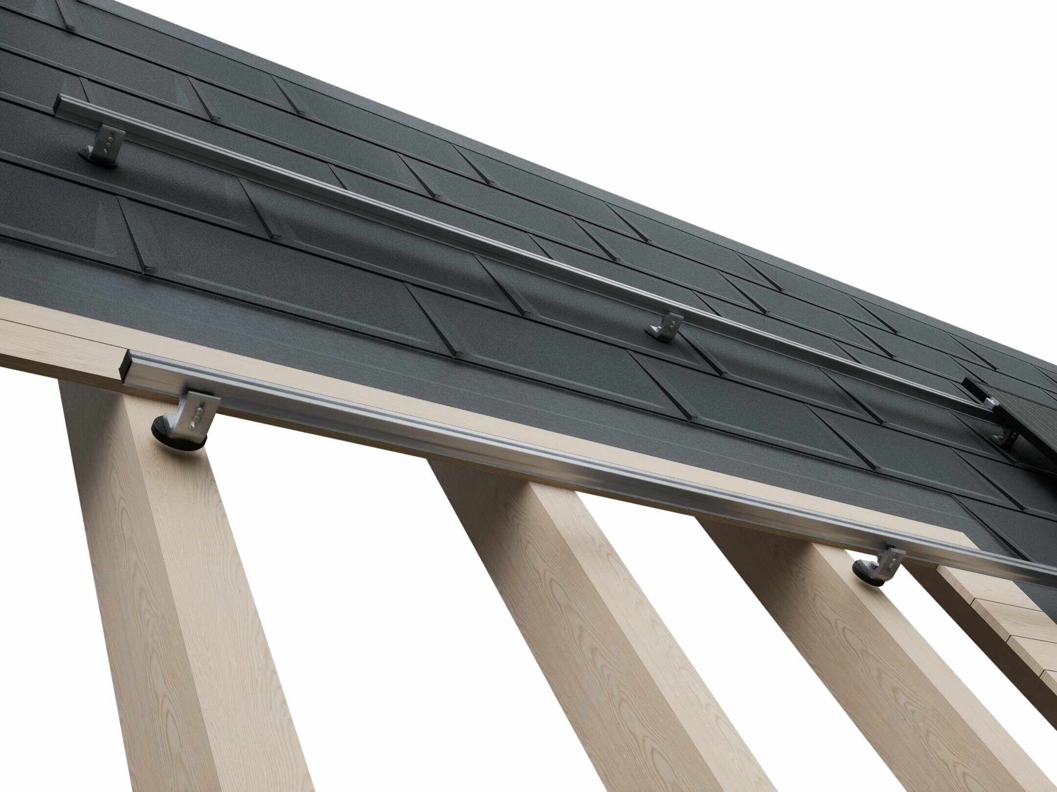 Die Abbildung zeigt den schematischen Aufbau des PREVARIO Solar-Montagesystems auf einem PREFA Dachsystem. Die einzelnen Befestigungspunkte werden direkt auf jeden zweiten Sparren gesetzt und durch die Dachhaut geführt. Die PREFA Dachplatten R.16 werden auf einer Vollschalung verlegt. Darauf werden die robusten Aluminiumschienen montiert. Diese bilden die Unterkonstruktion für die PV-Module, die dann einfach aufgesteckt werden. Durch das robuste Solar-Montagesystem kann die Anzahl der notwendigen Befestigungspunkte halbiert werden - bei gleicher Stabilität.