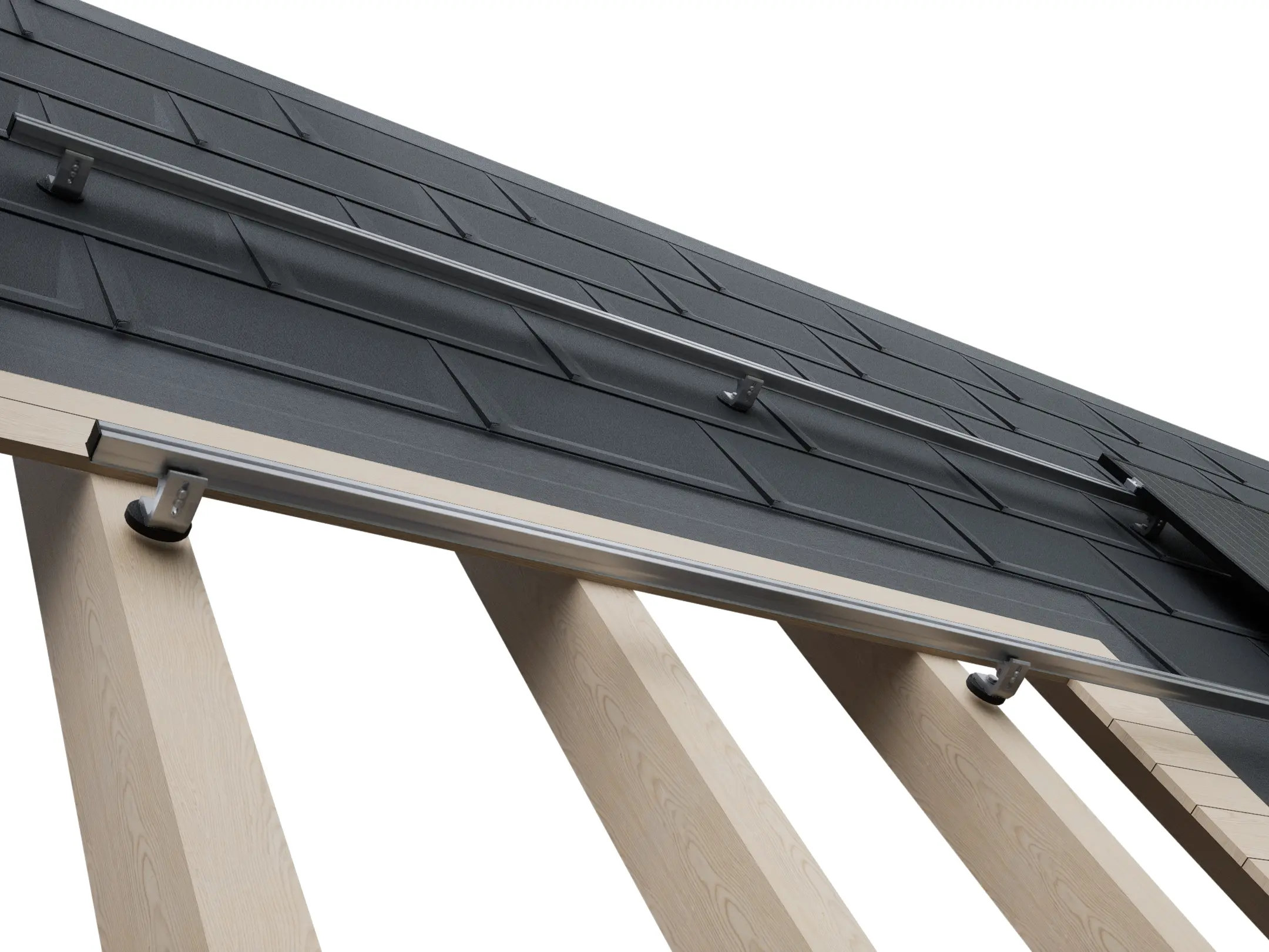 Die Abbildung zeigt den schematischen Aufbau des PREVARIO-Systems zur Montage von Solarmodulen auf PREFA Dachsystemen. Die einzelnen Befestigungspunkte befinden sich direkt an jedem zweiten Sparren und verlaufen durch die Dachfläche. PREFA R.16-Dachplatten werden auf einer Vollschalung montiert. Darauf sind robuste Aluminiumschienen befestigt, die die Unterkonstruktion für die PV-Module bilden, welche anschließend einfach installiert werden. Dank des robusten Solarmodul-Montagesystems kann die Anzahl der benötigten Befestigungspunkte bei gleicher Stabilität halbiert werden.