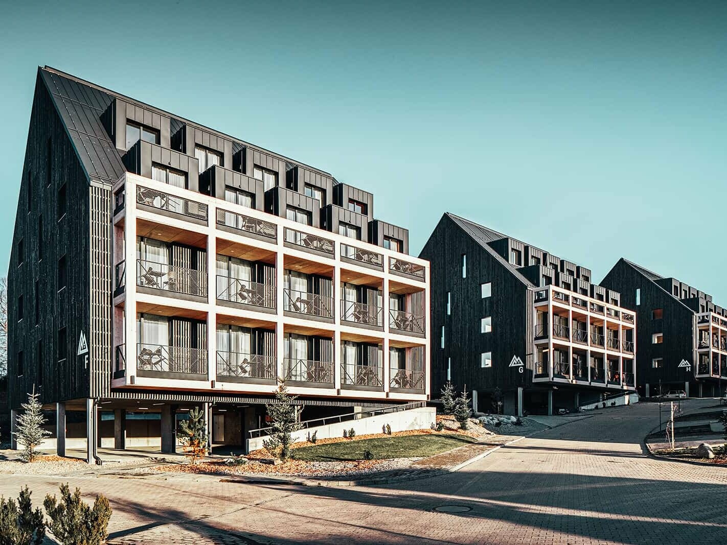 Das Bild zeigt die perfekte Ergänzung von Aluminium und Holz am neu errichteten Demänova Resort im Sonnenschein.  Verwendet wurde Prefalz in der Farbe Anthrazit. 