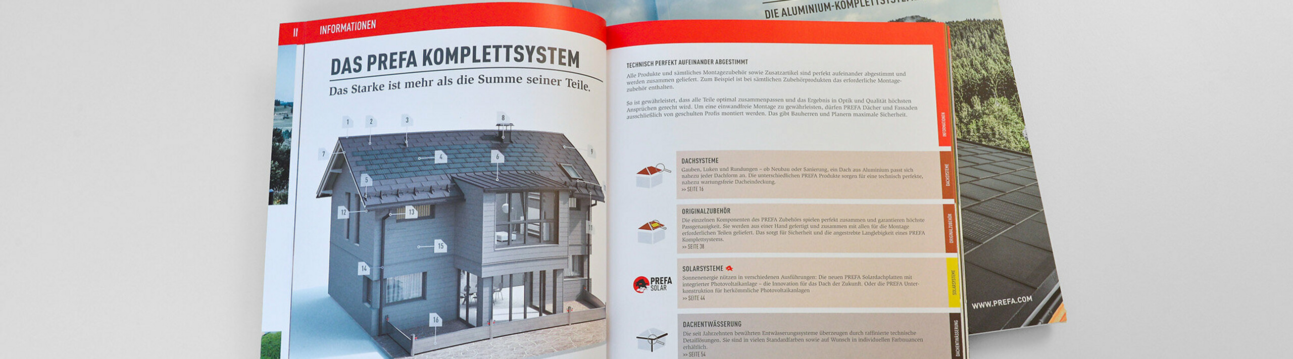 PREFA Prospekt mit aufgeschlagener Seite - Komplettes System im Überblick