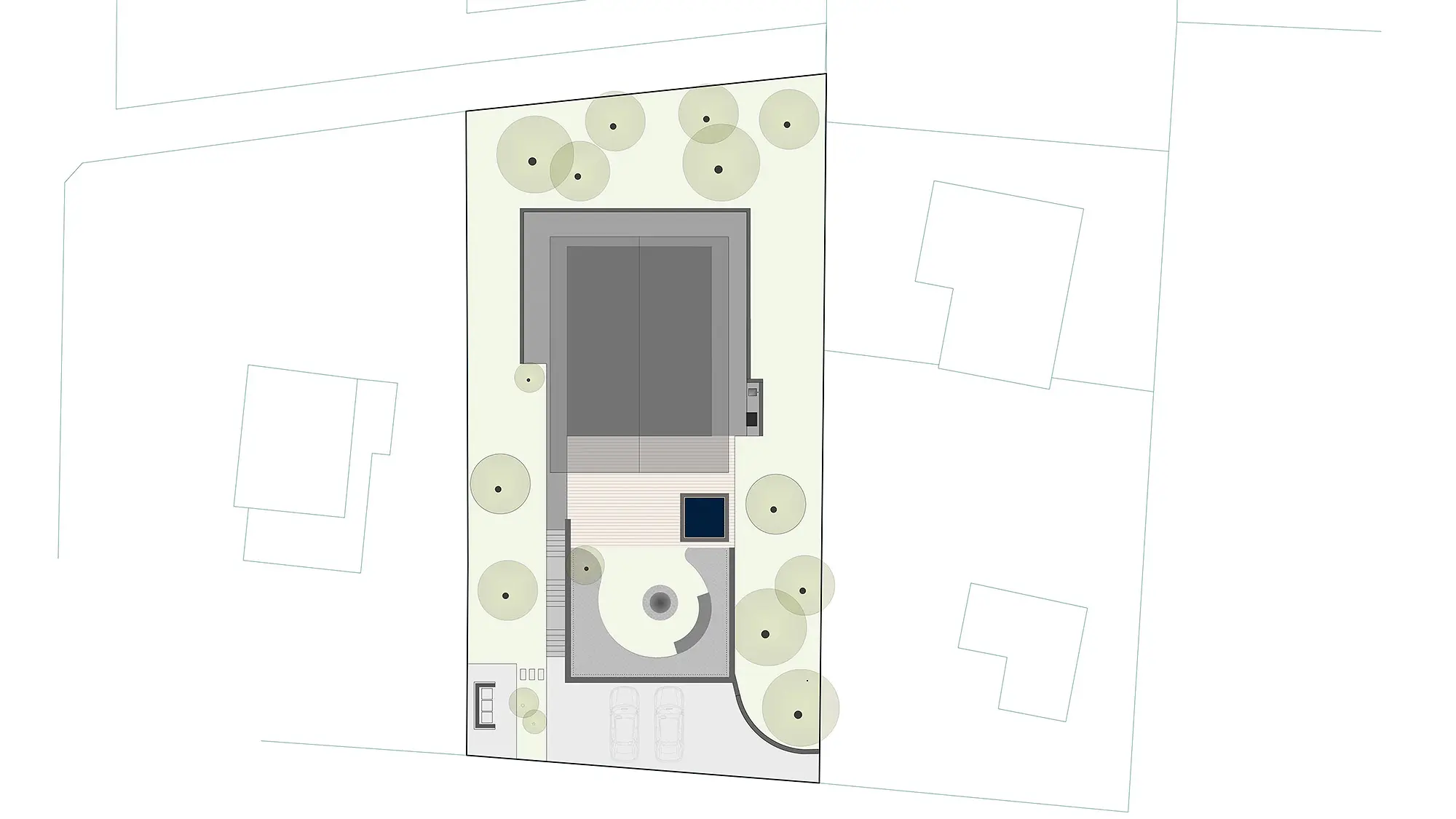 Das Bild zeigt einen schematischen Lageplan aus der Vogelperspektive des Alpenchalets und seiner unmittelbaren Umgebung. Im Plan sind das Gebäude mit seinem Grundriss, der Eingang, Wege sowie kreisförmige Landschaftselemente, die möglicherweise Bäume oder Sträucher darstellen, hervorgehoben. Umgebende Strukturen sind mit helleren Linien skizziert, um den Kontext zu vermitteln. Der Plan ist oben mit 'SITUACIJA' beschriftet, was darauf hindeutet, dass es sich um einen Situationsplan handelt, und enthält unten rechts ein Wasserzeichen 'BIROEPOVŽ', das auf den Ersteller hinweist