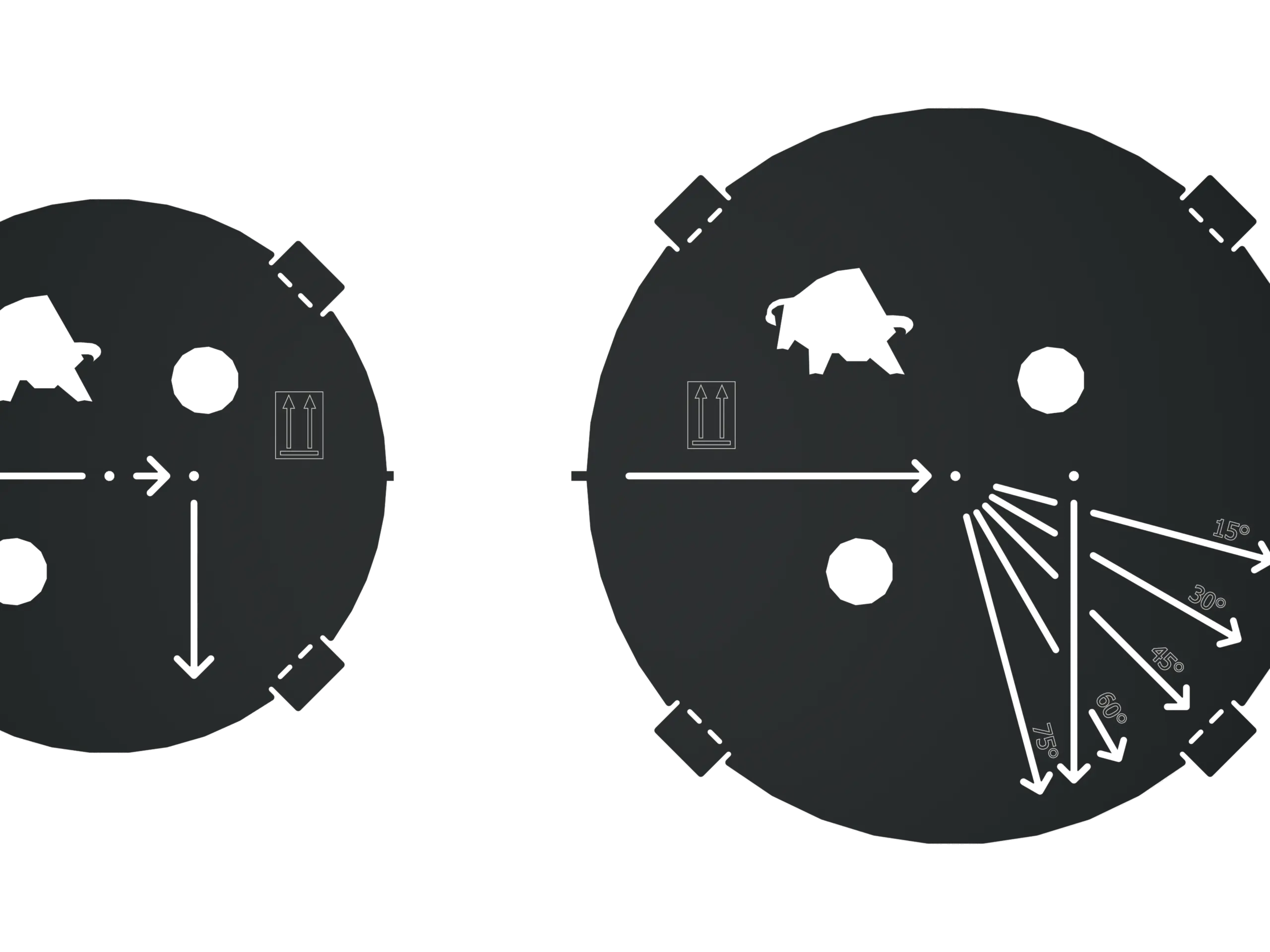 Innovative PREFA Schablone zur exakten Positionierung von Bodenhülsen für Hochwasserschutzsysteme mit Vario Rundprofilen – erhältlich in zwei unterschiedlichen Größen. Das Bild zeigt die zwei Varianten der Schablone, die eine präzise Ausrichtung der Profile in verschiedenen Winkeln (15° bis 75°) ermöglichen. Die einfache Handhabung auf der Baustelle spart Zeit und garantiert höchste Genauigkeit bei der Montage. Robuste Verarbeitung, klare Markierungen und durchdachtes Design unterstreichen die Premium-Qualität des PREFA Hochwasserschutzsortiments. Ideal für professionelle Anwendungen bei anspruchsvollen Projekten.