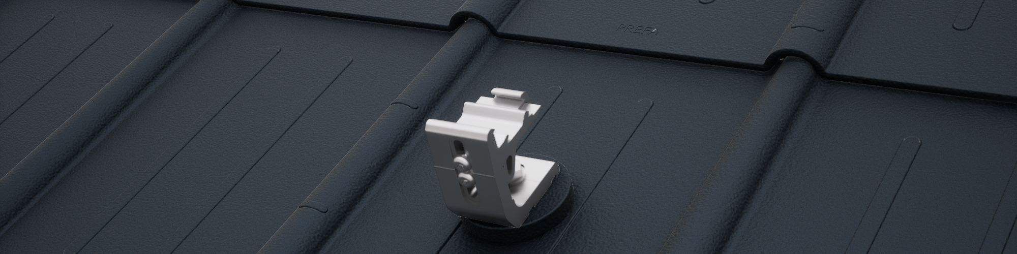 Rendering des Solarmontagesystems PREVARIO 3.S, montiert auf klassischen PREFA Dachplatten in Schwarz. Das Solarmontagesystem ist die perfekte Basis für Photovoltaik Aufdachlösungen auf PREFA Aluminiumdächern.