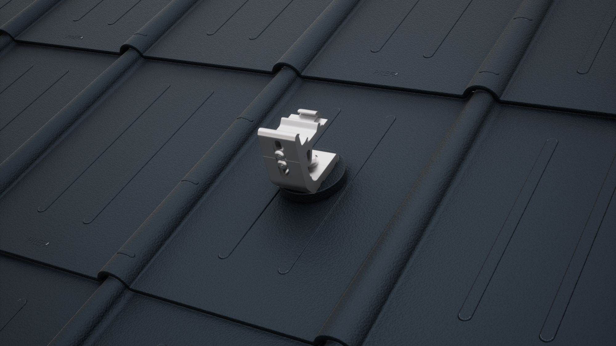 Rendering des Solarmontagesystems PREVARIO 3.S, montiert auf klassischen PREFA Dachplatten in Schwarz. Das Solarmontagesystem ist die perfekte Basis für Photovoltaik Aufdachlösungen auf PREFA Aluminiumdächern.