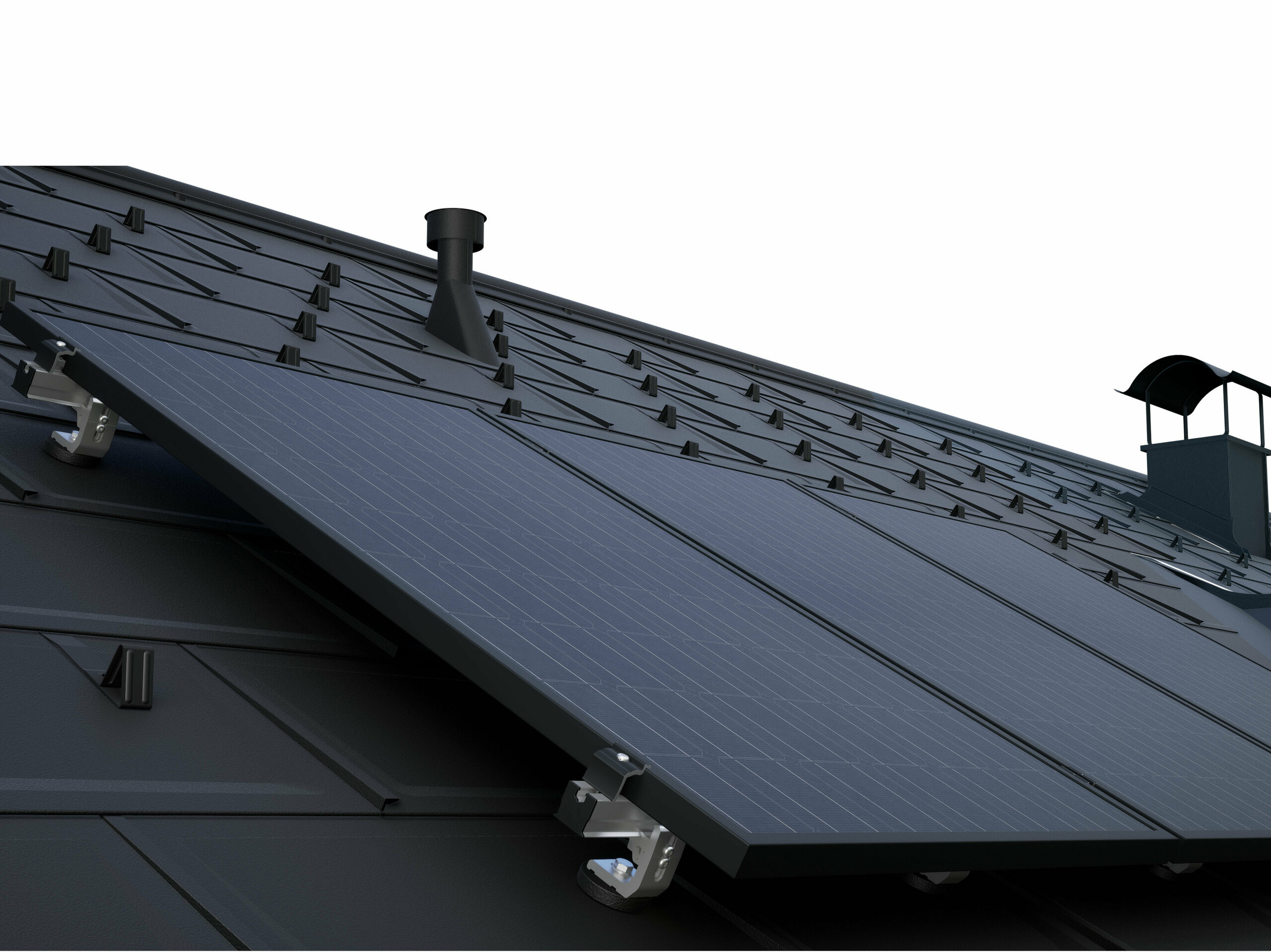 PV-Module montiert mit dem PREVARIO Solarmontagesystem auf einem dunklen PREFA Dach mit Dachplatten R.16.
