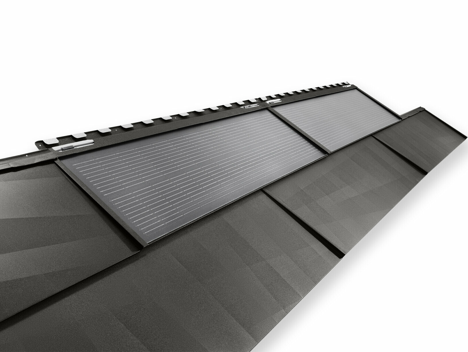 PREFA Solardachplatte groß und PREFA Dachpaneel FX.12 in P.10 Schwarz