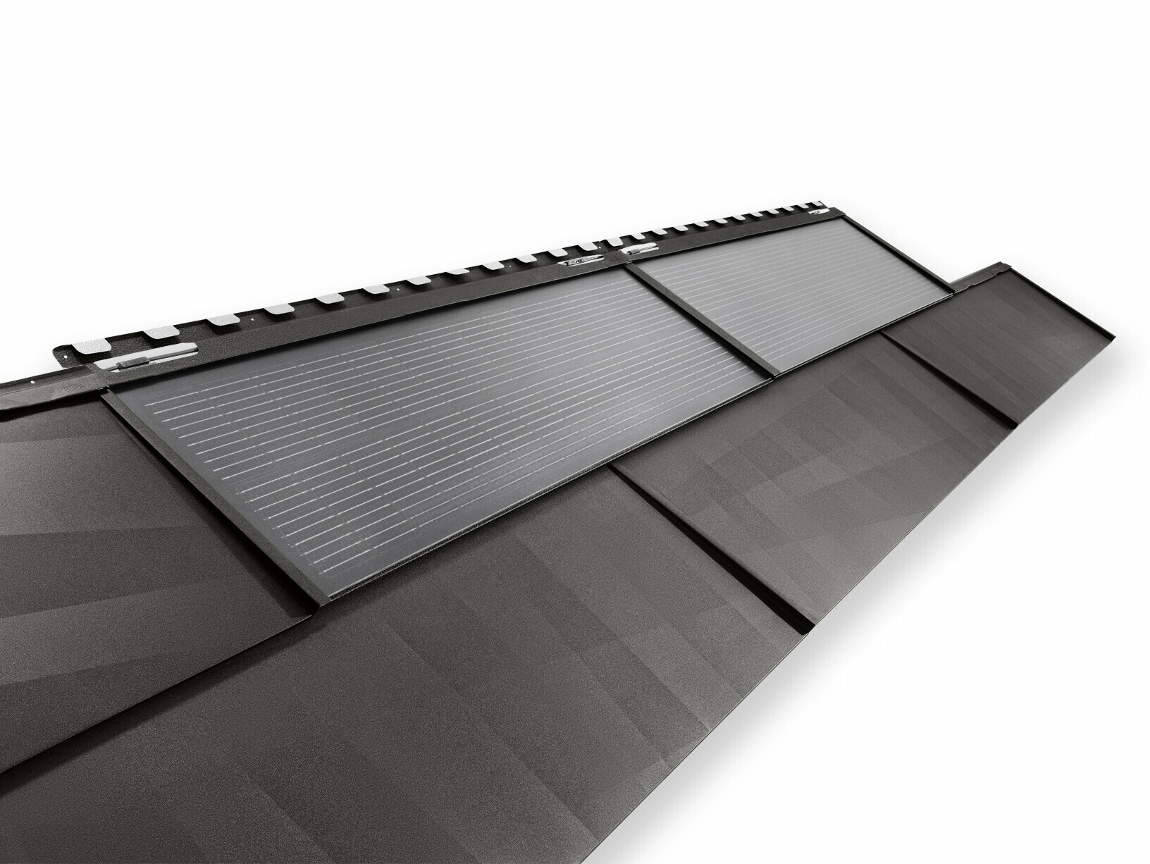 PREFA Solardachplatte groß und PREFA Dachpaneel FX.12 in P.10 Schwarz