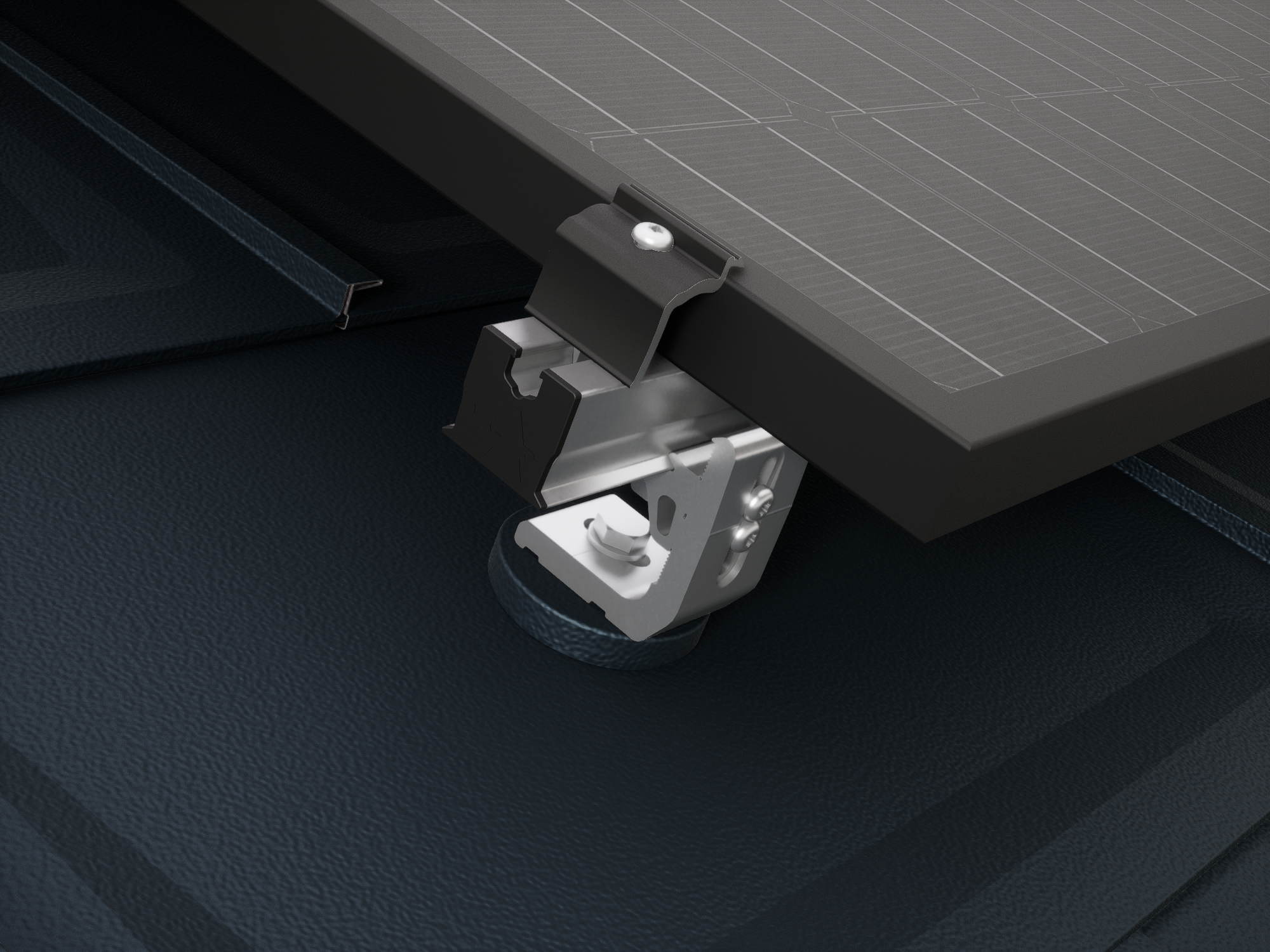 Detailansicht des Solar-Montagesystems PREVARIO 3.S von PREFA. Unter dem Montagesystem für Photovoltaikanlagen befindet sich ein Aluminiumdach aus PREFA Dachplatten R.16 in der Farbe Schwarz. Die innovative PV-Montagelösung ist für alle PREFA Dächer geeignet, einfache und sichere Befestigung von Photovoltaikmodulen - ggf. ohne Dachdurchdringung.
